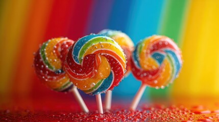macro close up of rainbow lollipops with water drops, vibrant striped background, shiny candy surface, bright cheerful colors, realistic food