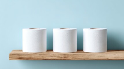 Three rolls of paper towels sit neatly on a rustic wooden shelf against a serene blue backdrop, showcasing simple home decor