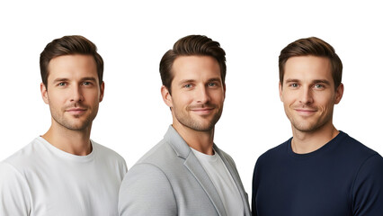 Three men in white and navy blue shirts and gray blazer standing side by side against black background isolated on white transparent png background download