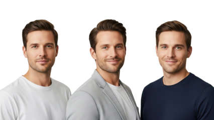 Three men in white and navy blue shirts and gray blazer standing side by side against black background isolated on white transparent png background download