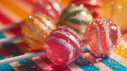 macro photography of assorted lollipops with sparkling water droplets, vivid striped background, sweet candy concept, cheerful colors, cinematic