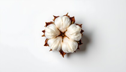 A close up view of a single cluster of white flowers with gold accents at their center, set against a white background that provides a high contrast to the vibrant floral display.