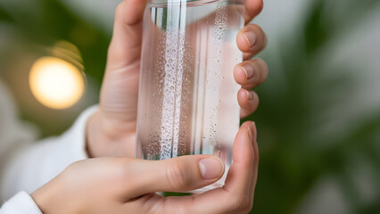 Hands Holding a Glass of Sparkling Water with Green Plant Background