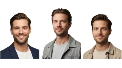 Three men with brown hair and neutral expressions on black background isolated on white transparent png background download 1