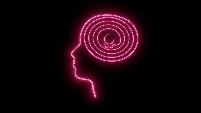 Personal growth and development. Business and education concept. Metaphor of problem solving, chaos and mess, difficult situation. Spiral way with gear in head as thoughts. Neon glowing.
