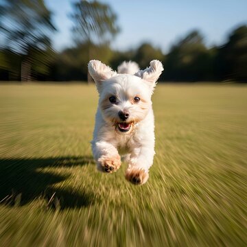 La libertad en movimiento: un peque&ntilde;o perro blanco corre hacia la c&aacute;mara, capturado con un desenfoque din&aacute;mico y t&eacute;cnica de r&aacute;faga para un efecto cinematogr&aacute;fico puro.