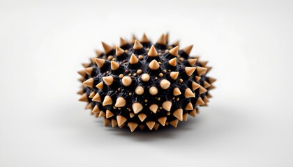 A cluster of small spherical beads in black and tan tones against a white background, with a few of them punctuated by tiny gold pins, creating a visually intriguing texture and pattern.