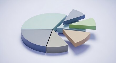 Colorful 3D pie chart with sections in various shades of blue, green and beige on white background