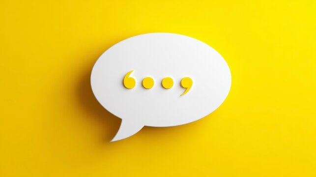 A white speech bubble with quotation marks on a bright yellow backdrop. The shape is 3D with long shadows