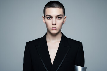 Androgynous minimalist fashion portrait, dove grey background.