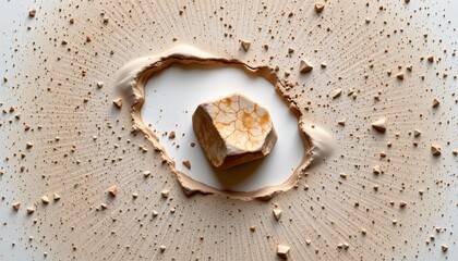 An artistic representation of broken glass, with small pieces scattered across a surface that appears to be snow or another white substance.