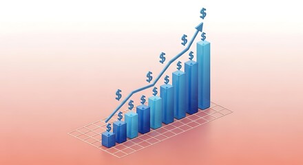Financial growth chart with increasing dollar signs and blue bars on grid