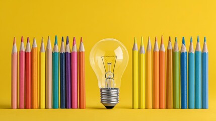 A row of colorful pencils stand beside a glowing lightbulb against a yellow backdrop, symbolizing ideas and creativity