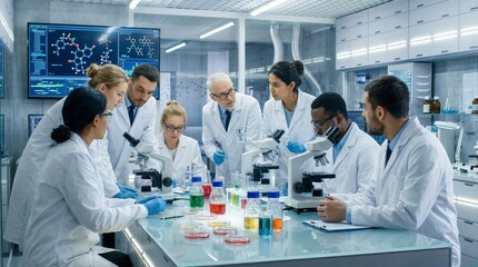 Diverse Team of Scientists Conducting Research in a Modern Laboratory Using Microscopes and Analyzing Chemical Samples
