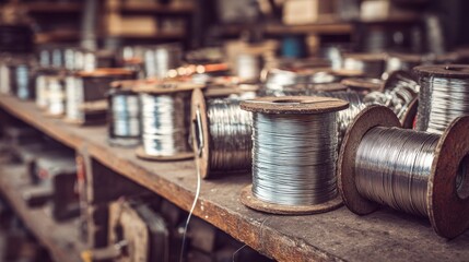 Close-up of metallic wire spools on a wooden shelf in a warehouse or workshop setting, showcasing industrial tools