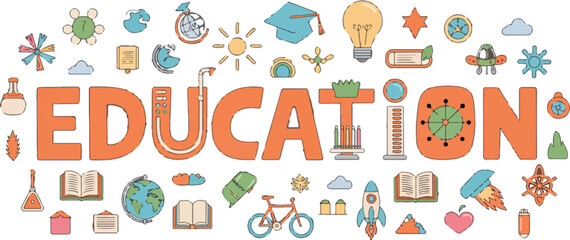 education poster with books globe cap microscope and lab elements icons