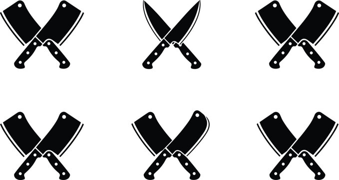 Set of six crossed butcher knives, cleavers, and kitchen utensils in black silhouette style, representing meat, cooking, or restaurant logo design elements isolated on white background.