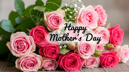 A vibrant bouquet of pink and hot pink roses with delicate white filler flowers and green leaves is presented with the heartfelt message Happy Mother's Day.