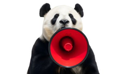 Expressive Giant Panda Bear Shouting Loudly Through a Bright Red Megaphone, Symbolizing Communication, Protest, or Urgent Message Delivery