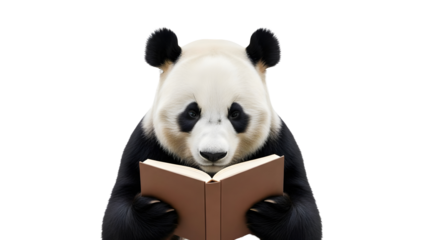 Giant Panda Reading an Open Book with Focused Expression, Isolated on Transparent Background for Learning and Education Concepts