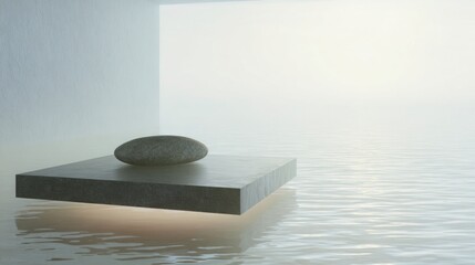minimalist meditation space with smooth glowing stone platform over water, modern zen design, gentle mist, spiritual silence, soft diffused light