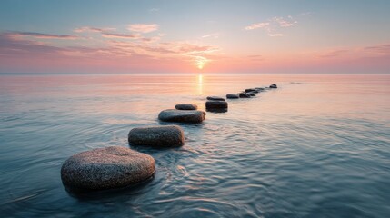 A serene waterscape captures a sunrise, with stepping stones leading toward the horizon, and soft colors paint the sky