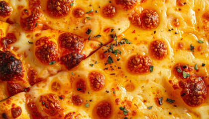 Close-up view of a delicious, golden-brown cheese pizza with melted, bubbly surface and sprinkled green herbs, showcasing its appetizing texture.
