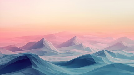 Fototapeta premium Serene Mountain Landscape: Abstract low-poly rendering of a mountain range under a pastel-colored sky, creating a tranquil and visually captivating scene.
