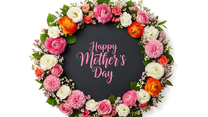 A beautiful arrangement of colorful flowers encircles the words Happy Mothers Day on a dark chalkboard background.