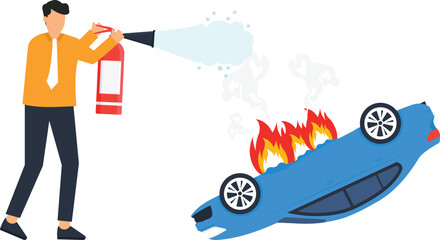 Naklejka premium Man using fire extinguisher on burning car accident emergency response vehicle safety fire protection property damage insurance claim risk management