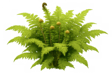 Lush green ostrich fern plant with expanding fronds and fiddleheads, growing in a vibrant botanical setting