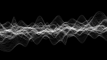 White waveform pattern on black background, abstract technology illustration with glowing lines and curves, futuristic digital design element for music, sound or data