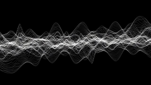 White waveform pattern on black background, abstract technology illustration with glowing lines and curves, futuristic digital design element for music, sound or data - Powered by Adobe