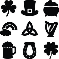 A collection of icons representing Irish culture and symbols in black and white