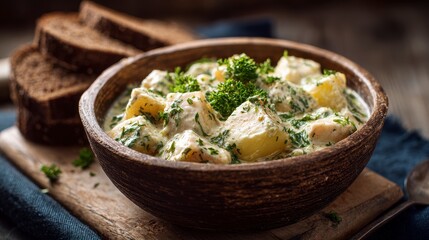 A close-up shot of creamy stew and bread slices in a wooden bowl on a cutting board. Fresh parsley garnishes the meal