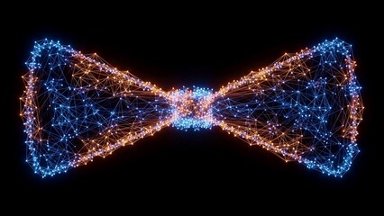 Vibrant network connections forming symmetrical bow tie shape with glowing blue and orange nodes on black background representing technology and data exchange