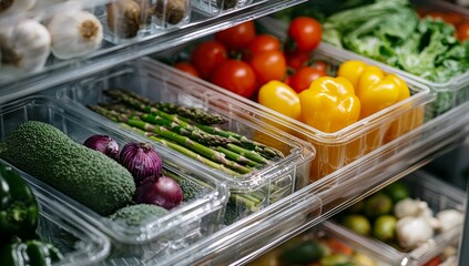 Fresh vegetables and fruits arranged neatly in a refrigerator showing a variety of colors and types in clear storage containers
