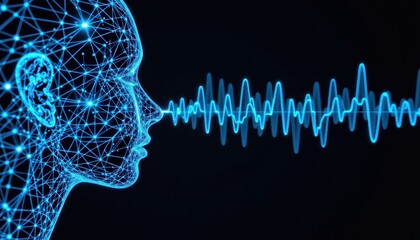 Digital Human Profile with Network Connections and Sound Wave Visualization in Blue Colors on Dark Background