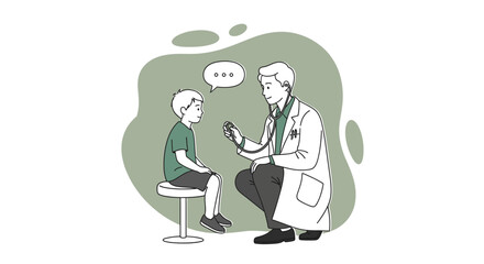 A compassionate male doctor provides a thorough medical examination to a young boy, ensuring his well-being and health in a clinic setting.