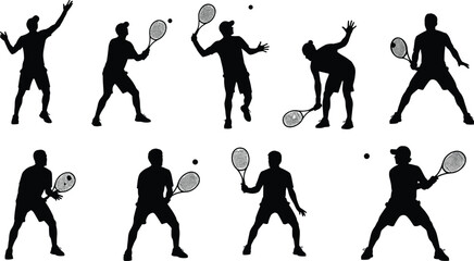 Black silhouette of various tennis players in action, group of professional athletes with rackets and balls isolated on white background,