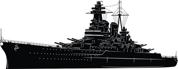 Battleship silhouette illustration, warship vector art, naval vessel design, military ship drawing, World War II graphic, historic maritime artwork, ocean defense concept image © Creative Mind