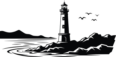 Black lighthouse silhouette illustration, coastal beacon artwork, rocky shore seascape, ocean waves, maritime navigation symbol, nautical vector design, isolated minimalist style graphic © Creative Mind