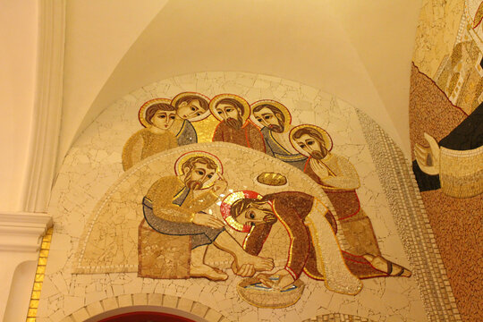 Mosaics on the wall at Sanctuary Church of Saint Ignatius in Manresa, taken in July 2024.