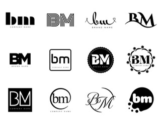 BM logo company template. Letter b and m logotype. Set different classic serif lettering and modern bold text with design elements. Initial font typography. © SolaruS