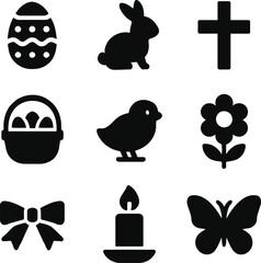 Collection of Easter-themed illustrations featuring eggs, bunny, cross, and floral elements in a symbolic arrangement