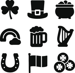 A collection of black icons representing Irish symbols and culture on a white background