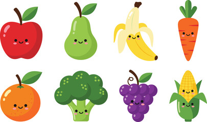 Cute Cartoon Fruit and Vegetable Characters Set with Smiling Faces Vector Illustration.