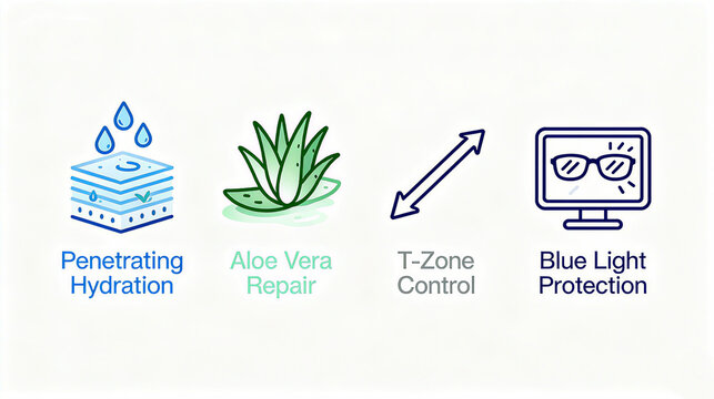 Penetrating hydration, aloe vera repair and other elements, representing the skincare product functions of T-zone oil control and blue light protection, suitable for beauty promotional materials.
