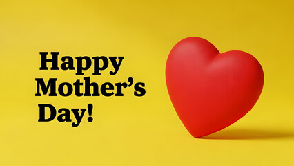 Happy Mother's Day greeting with a bright red heart on a vibrant yellow background conveying love and appreciation