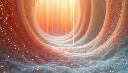 Abstract Tunnel of Light With Glowing Particles and Oranges Hues Illuminated by Vertical Beams of Warm Energy Flowing Downward in a Cosmic Nebula